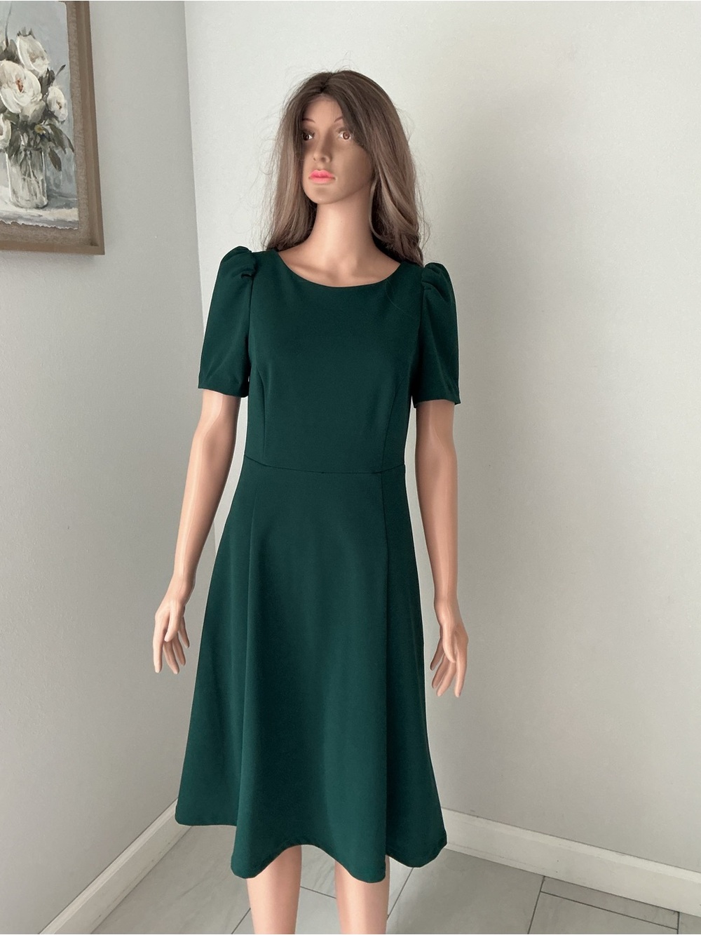 Calvin Klein Dark Green Midi Dress with Puff Short Sleeves